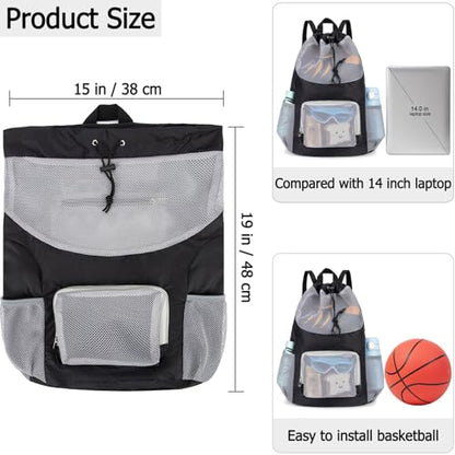 Swim Bag for Kids Mesh Beach Backpack for Boys Lightweight Drawstring Beach Bag Swimming Pool Sports Gym String Bag (Black) - color: Black