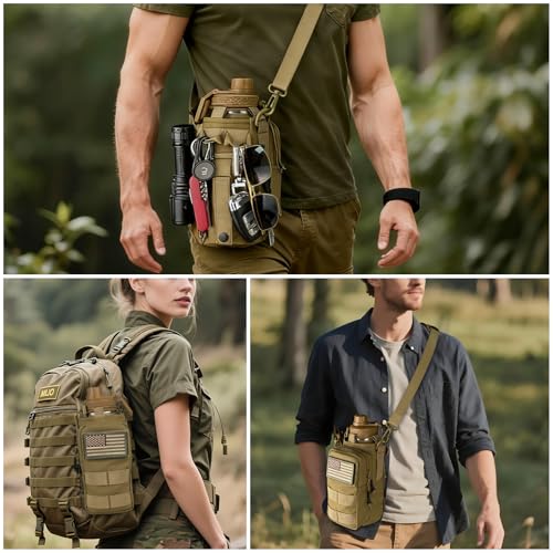 Water Bottle Holder with Strap - Tactical Insulated Water Bottle Sleeve with MOLLE System Water Bottle Cover Cross-Body Pouch for Walking Hiking Camping Gym 32oz&40oz - color: Brown