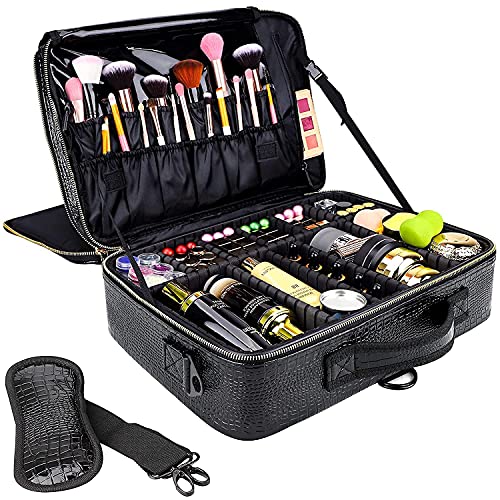 gzcz Large Capacity Travel Makeup Case Organizer,Professional Cosmetic Bags for Women,Waterproof PU Leather Makeup Bag with Adjustable Dividers and Shoulder Strap for Brushes and Jewelry - color: Black Crocodile Pattern, size: Large
