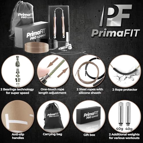 PrimaFIT Jump Rope Pro Speed Skipping Rope Adjustable Adult Jumping Rope Weighted Aluminium Handles for Double Dutch Boxing Workout Crossfit Exercise Fitness Spare Cable Weights Protectors Carry Bag - color: Bronze