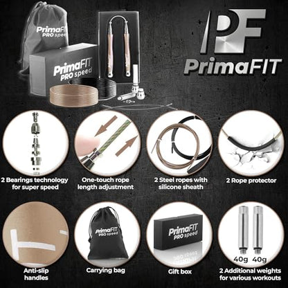 PrimaFIT Jump Rope Pro Speed Skipping Rope Adjustable Adult Jumping Rope Weighted Aluminium Handles for Double Dutch Boxing Workout Crossfit Exercise Fitness Spare Cable Weights Protectors Carry Bag - color: Bronze