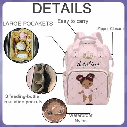 Newcos Personalized African Baby Crown Pink Diaper Backpack with Custom Name Shoulder Mommy Baby Bag - color: Color 177