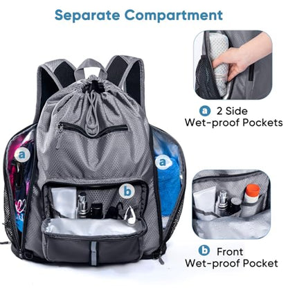 Large Beach Backpack w/Shoe Compartment &Detachable Ball Mesh Bag - color: Grey