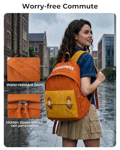 Lightweight Travel Backpack for Women, School Backpack for Teen Girls & Boys, Water-repellent Taslon Fabric, Stylish Casual Daypack for College Everyday Use, Fits 14" Laptop, Brown & Yellow - color: Brown & Yellow
