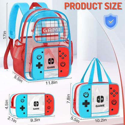 TILYTADLY 3PCS Clear Backpack for School - Gamer Kids Clear Backpacks for Boys and Girls,Heavy Duty Transparent Bookbag with Lunch Bag and Pencil Case - See Through PVC Transparent Bookbag - color: Red&blue - Set