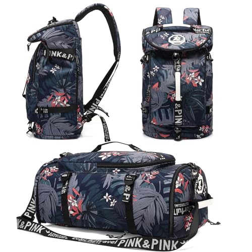Floral gym duffel bag backpack, fashion wrestling bag,with shoe compartment, 4 kinds of back method waterproof travel sports walking laptop Lightweight (A-Floral Blue) - color: A-Floral Blue