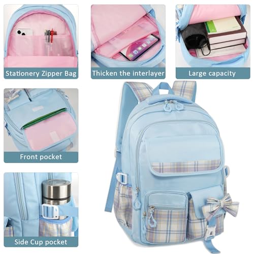 MCWTH Checkered Backpack for Teen Girls, Kawaii Cute Kids Elementary Student School Backpacks (Bow Blue) - color: Checkered Blue