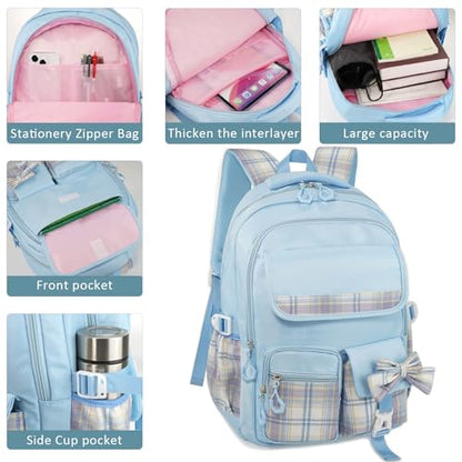 MCWTH Checkered Backpack for Teen Girls, Kawaii Cute Kids Elementary Student School Backpacks (Bow Blue) - color: Checkered Blue