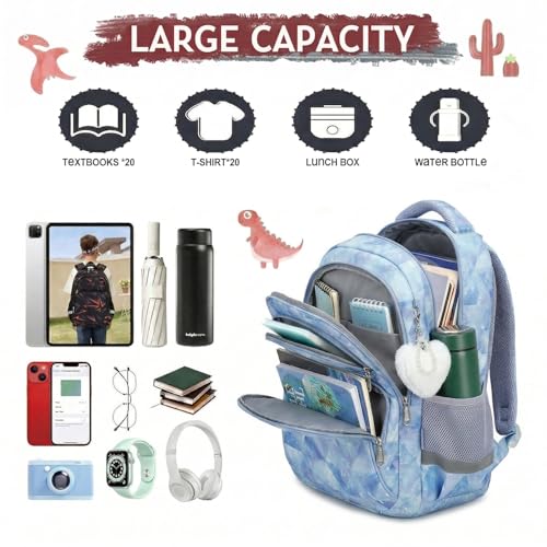 Cusangel School Backpcak for kids Girls Boys,16 Inch BookBag for 7-12Ages Day travel, Water Resistant, 7 Pockets, stitch Adjustable Chest Strap, Reflective Strip, Large (Blue-17in) - color: Blue-17in