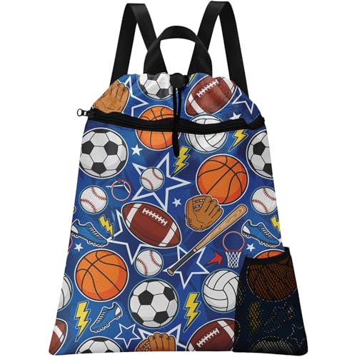 Sports Ball Drawstring Backpack, 15” x 17” Waterproof Swim Bag for Beach Swimming Pool, Lightweight Foldable Gym Bag with Water Bottle Holder for Sports Travel - color: Sports Balls