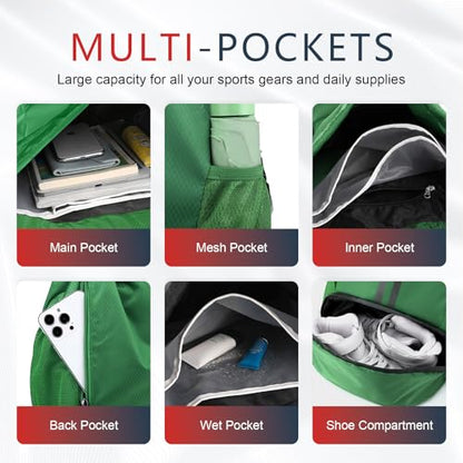 PinCute Drawstring Backpack for Women Men, Gym Bag for Soccer, Basketball, Swim, Beach, Water-Resistant Sports Backpack with Wet Pocket and Shoe Compartment, Dark Green - color: Dark Green