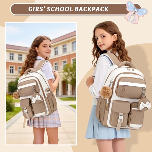 MUSEVOS Kids Teenage Girls Backpack, Elementary/Middle/High Schoolbag, Multi-Compartment Water-resistant Cute Bookbag, 17inch - color: Khaki-white