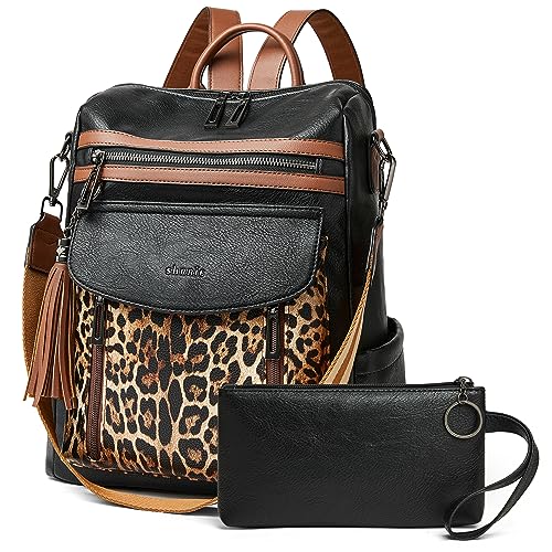 Shrrie Backpack Purse for Women Fashion Leather Backpack Purse Designer Travel Backpack Convertible Shoulder Bag with Wristlet - color: 2-3 Black With Leopard