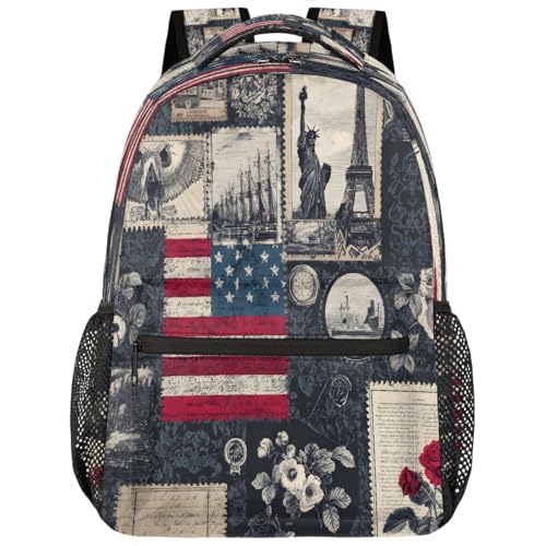 Flag Kids Backpack for Girl Boy Waterproof Kids Back Pack | Retro Art School Bookbag fit Women Men Lightweight Rucksack Casual Daypack Carry On Bag for Work Hiking Camping Gym Travel - color: American Flag Retro Art