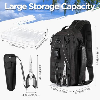 RoundFunny 85 Pcs Fishing Backpack with Tackle Boxes, Tackle Sling Bag with Rod Holder, Fish Lures and Pliers, Fish Tools Gears & Equipment Father's Day Fishing Gift for Dad Men - color: Black