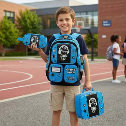 Boys Backpack, Luminous Gamer Backpack for Boys with Lunch Box,Pencil Case and Coin Puese,Kids Schoolbag Bookbag for Teen Boy Elementary Middle High School Travel (Black-Blue) - color: Black-blue