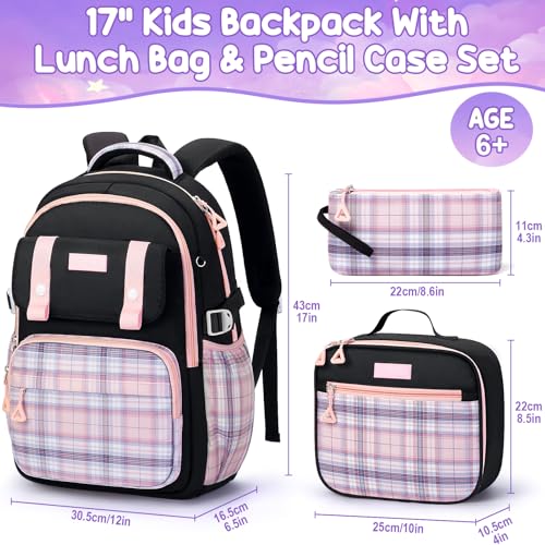 Fimibuke Girls Backpack - 3 PCS Waterproof Teens Girls Backpack Set with Lunch Box, Pencil Pouch, Cute Kids Bookbag for Elementary to High School Students Age 6+ (Black & Pink) - color: A3.pink & Black