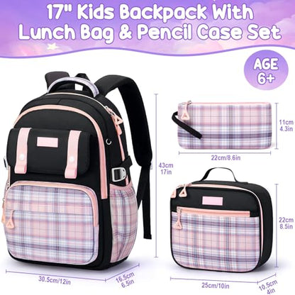 Fimibuke Girls Backpack - 3 PCS Waterproof Teens Girls Backpack Set with Lunch Box, Pencil Pouch, Cute Kids Bookbag for Elementary to High School Students Age 6+ (Black & Pink) - color: A3.pink & Black