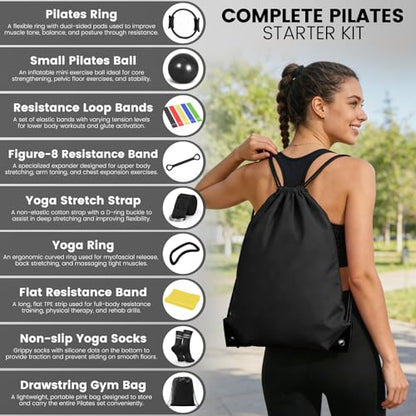 Pilates Kit for Women 13PCS, Pilates Ring and Ball Set with Magic Circle, Resistance Bands Set, Figure 8 Band, Yoga Ring & Grip Socks, Home Workout Equipment Essentials Starter Kit for Beginners - color: Black