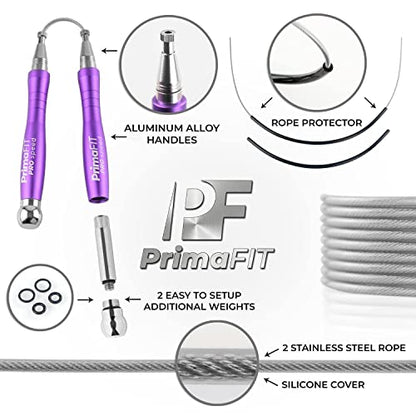 PrimaFIT Jump Rope Pro Speed Skipping Rope Adjustable Adult Jumping Rope Weighted Aluminium Handles for Double Dutch Boxing Workout Crossfit Exercise Fitness Spare Cable Weights Protectors Carry Bag - color: Purple