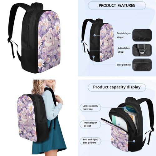 Flashideas Cute Bunny Backpack for Girls Kids Backpack with Lunch Box Water Bottle Stainless Steel and Water Bottle Carrier 4Pcs Set 17" Bookbag with Compartments for School Large Capacity School Bag - color: Cute Bunny and Daisy