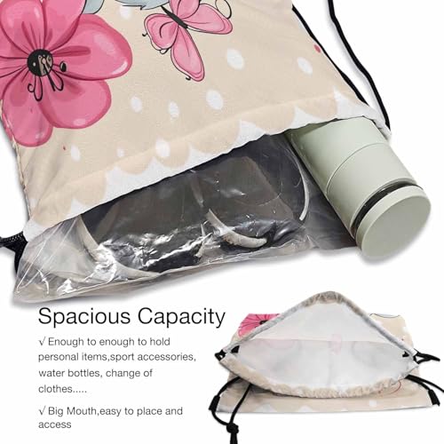 Drawstring Backpack Bag Cute Elephant Butterflies Nose to Flower Lightweight Backpack Soccer Ball Bag Sutiable for Sports Beach Short Travel Stroage 14x16.9 Inch - color: Elephant