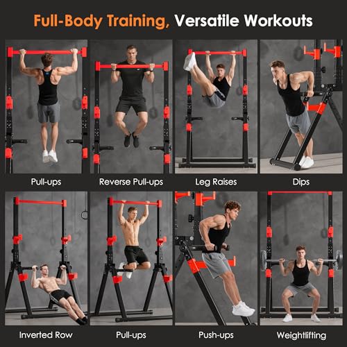SogesPower Power Tower Pull Up Bar Station, Foldable Pull Up Dip Station Free Standing for Home Gym,Adjustable Pull Up Bar Stand Dip Bar Strength Training Workout Equipment,Triangular Design - color: Red