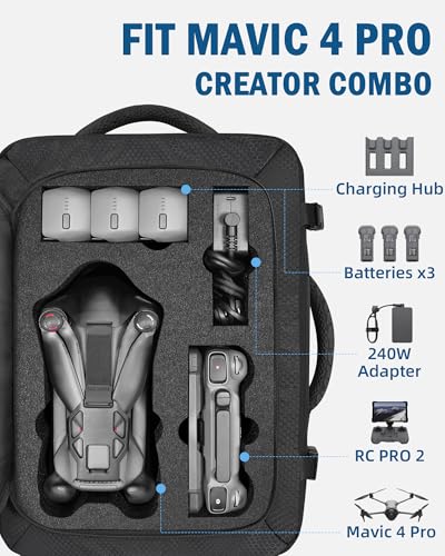 PEKREWS Mavic 4 Pro Case, Expandable Carry On Bag for DJI Mavic 4 Pro, RC Pro 2, RC 2, Large Capacity Drone Backpack Fits 17.3 Inch Laptop, Travel Drone Carrying Case for DJI Fly More Creator Combo