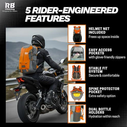 riderbag Reflective Motorcycle Backpack, Hi Viz Commuter Riding Bag | Designed by Riders for Everyday Rides with Laptop Compartment and Helmet Net. Built to Help You Be Seen. - color: Orange