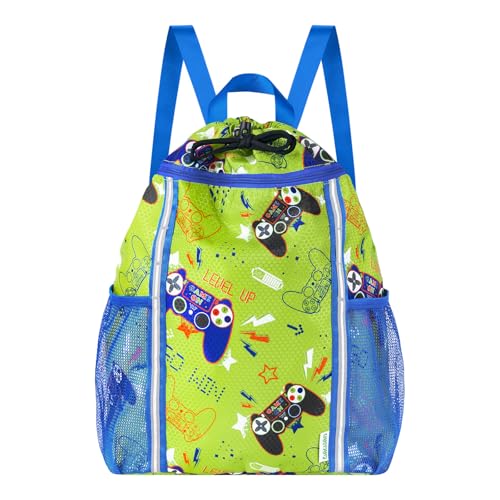 WAWSAM Drawstring Backpack for Kids, Game Kids Drawstring Gym Bag for Boys, Waterproof Swim Bag for Beach String Cinch Backpack with Two Mesh Water Bottle Pocket - color: Game