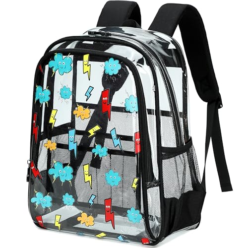 AO ALI VICTORY Clear Backpack for School,PVC Transparent Kids Bookbag for Girls Boys Cute Toddler Back Pack Kindergarten Elementary Schoolbag Stadium Approved See Through Backpacks,Black Lightning - color: Black Lightning