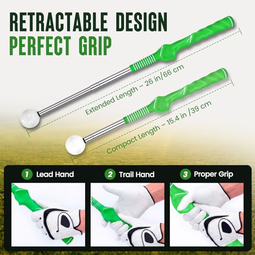 5-in-1 Golf Swing Trainer for Right-Handed Golfers with Click Feedback, Retractable Training Aid, Grip Trainer & Arm Band, Improve Tempo & Swing Path, Indoor Outdoor Practice - color: Green