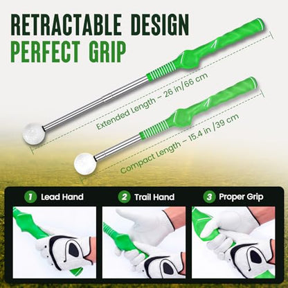 5-in-1 Golf Swing Trainer for Right-Handed Golfers with Click Feedback, Retractable Training Aid, Grip Trainer & Arm Band, Improve Tempo & Swing Path, Indoor Outdoor Practice - color: Green