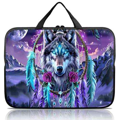 14 15 15.4 15.6 inch Laptop Handle Bag Computer Bag, Pouch Holder Notebook Sleeve Cover Soft Case Compatible for Dell,Lenovo,Toshiba HP, Asus Notebook-Glowing Dream Catcher Wolf - color: Glowing Dream Catcher Wolf
