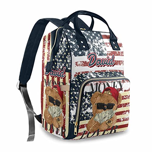 Custom Bear Diaper Bag Backpack for Baby Boy, Personalized Name American Flag Large Nappy Nursing Orangizer Mommy Bags, Waterproof Travel Daypack for Dad Mom Gifts - color: American Flag-bear-02