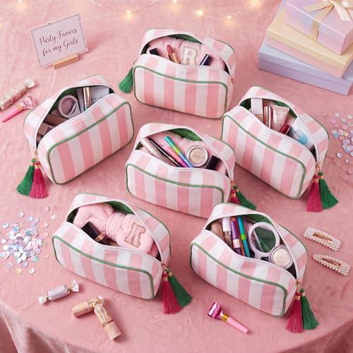 Kacctyen 6 Pack Light Pink and White Striped Makeup Bag bulk with Tassel Travel Cosmetic Pouch Organizer Large Zipper Toiletry Case for Women Aesthetic Storage Pouch Mahjong Tile Bag - color: Light Pink and White