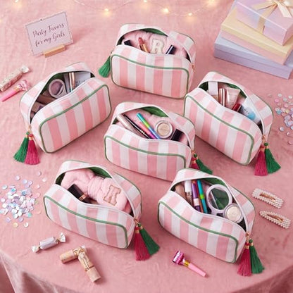 Kacctyen 6 Pack Light Pink and White Striped Makeup Bag bulk with Tassel Travel Cosmetic Pouch Organizer Large Zipper Toiletry Case for Women Aesthetic Storage Pouch Mahjong Tile Bag - color: Light Pink and White