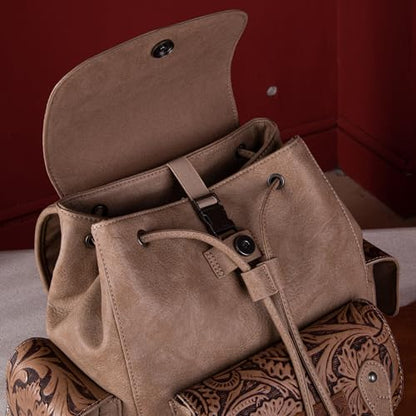 Montana West Wrangler Backpack Purse for Women Men Western Backpack Floral Tooled Travel Bags - color: Carve Khaki