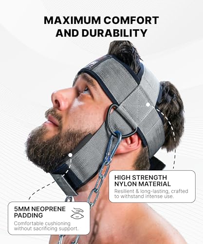 DMoose Fitness Neck Harness for Weight Lifting - Soft Padded Head & Chin Strap with 30" Heavy Duty Steel Chain - Neck Exerciser, Trainer & Strengthener to Support Injury Recovery and Intense Workouts - color: Gray