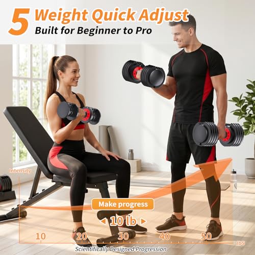 Adjustable Dumbbell Set of 2, 50LBS/100LBS Weights Dumbbell Set with Storage Box, 25lbs/50lbs Pair Adjustable Weights with Anti-slip Silicone Grip, 5-in-1/10-in-1 Quick-Lock Hand Weight Set For Home Gym Suit both Men and Women - color: 50LBS Pair(Total 10