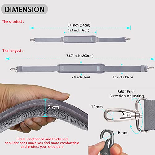 ZINZ 79 inch Shoulder Strap, Extra-thick Fixed Cushion Pad and Dual Clasps Universal Replacement Strap with Metal Swivel Hooks for Laptop Bags, Luggage Bags, Camera, Crossbody (200cm,Gray) - color: Grey
