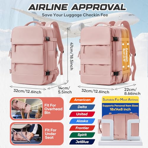 Travel Backpack with Compression Vacuum Storage Bag & Electric Pump, Expandable Flight Approved Carry On Backpack, 18x14x8 inches Personal Item Travel Bag for Men Women, Pink - color: Pink