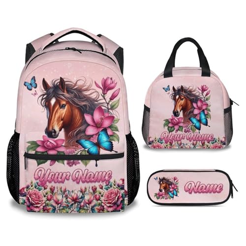 Mercuryelf Personalized Girls Backpack Horse 3PCS Kids Backpack Set with Lunch Bag & Pencil Case, 17 Inch School Bookbag for Elementary Kindergarten - color: Yellow