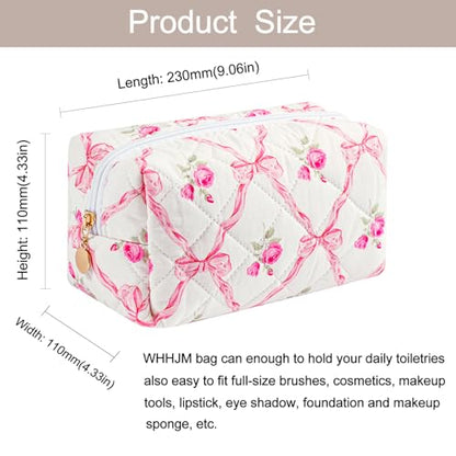 Cute Floral Makeup Bag Small Cotton Quilted Cosmetic Bag, Aesthetic Essential Bag Emergency Bag Gift for Women Girls Travel Accessories (Pink Bowknot Rose) - color: A6 Pink Bowknot Rose