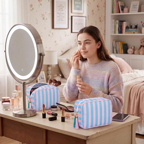 Kacctyen 6 Pack Peony Pink and Slate Blue Striped Makeup Bag bulk with Tassel Travel Cosmetic Pouch Organizer Large Zipper Toiletry Case for Women Aesthetic Storage Pouch Mahjong Tile Bag - color: Peony Pink and Slate Blue