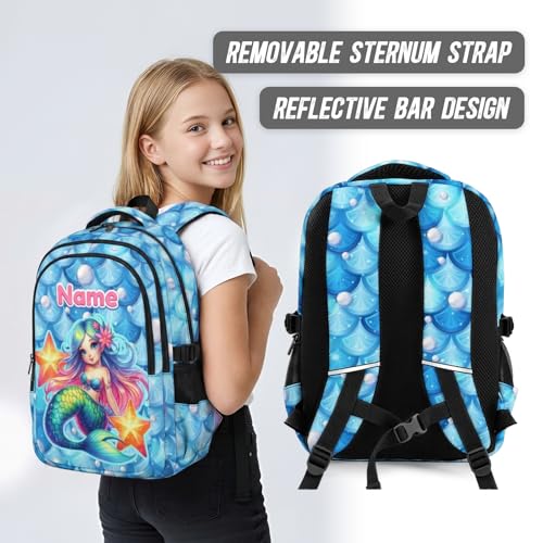 Personalized Girls Backpack Custom Mermaid Backpacks for Kids Back to School, Durable 17 Inch Schoolbags with Name for School Travel Picnic - color: Blue