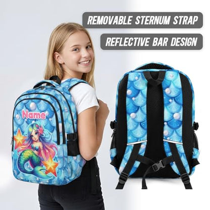 Personalized Girls Backpack Custom Mermaid Backpacks for Kids Back to School, Durable 17 Inch Schoolbags with Name for School Travel Picnic - color: Blue