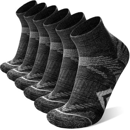ANTSANG 6 Pairs Merino Wool Quarter Ankle Hiking Running Socks Compression Thermal Thick Cushion Socks for Women Men - color: Black Series, size: Large