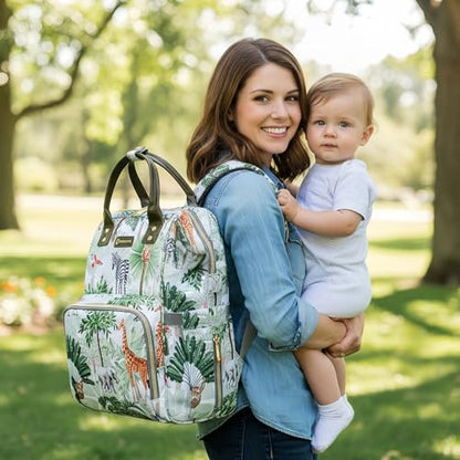 Tropical Rainforest Diaper Bag Backpack,Animal Nappy Backpack with Coin Bag USB Charging Port Stroller Straps and Insulated Pocket For Women/Mom/Travel (Animal Pattern) - color: White