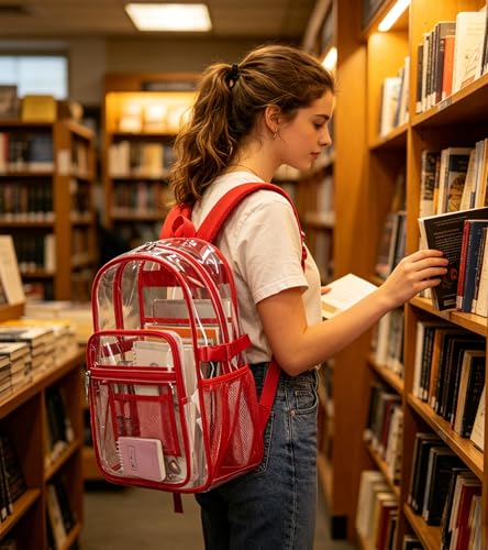 abshoo Big Heavy Duty Clear Backpack for School Girls Boys Transparent Bookbag for Middle High School (Red) - color: Red